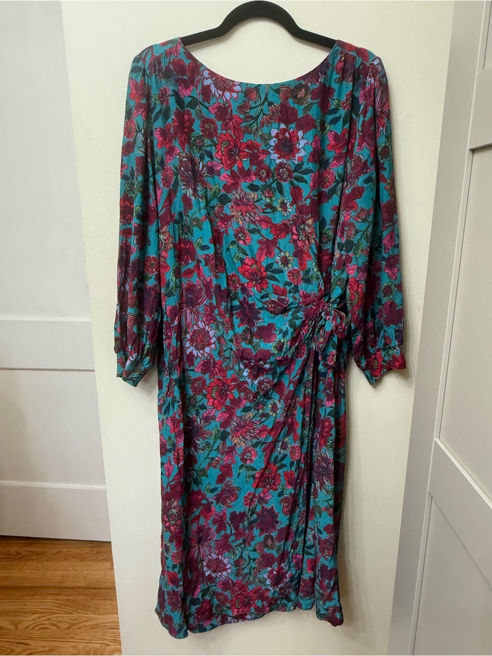 Talbots 16W Teal Floral Side Tie Waist Midi Dress Feminine Flowy Wedding Party